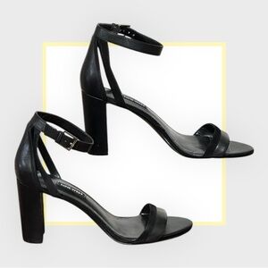 NINE WEST Black Ankle Strap Block High Heel Sandals with Back Detail, Size 10